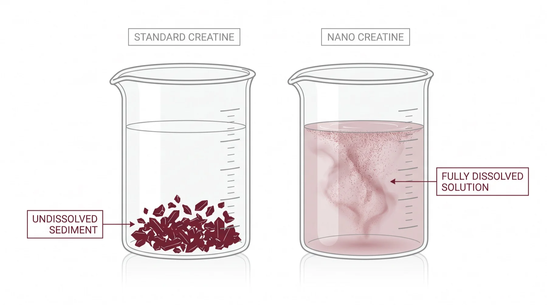Microscopic view of creatine particles dissolving compared to large crystals clumping.