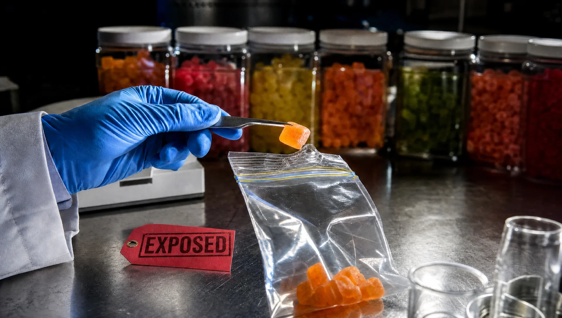 Creatine gummies spilling from a jar onto a kitchen scale, the display reading far below the dose on the label.