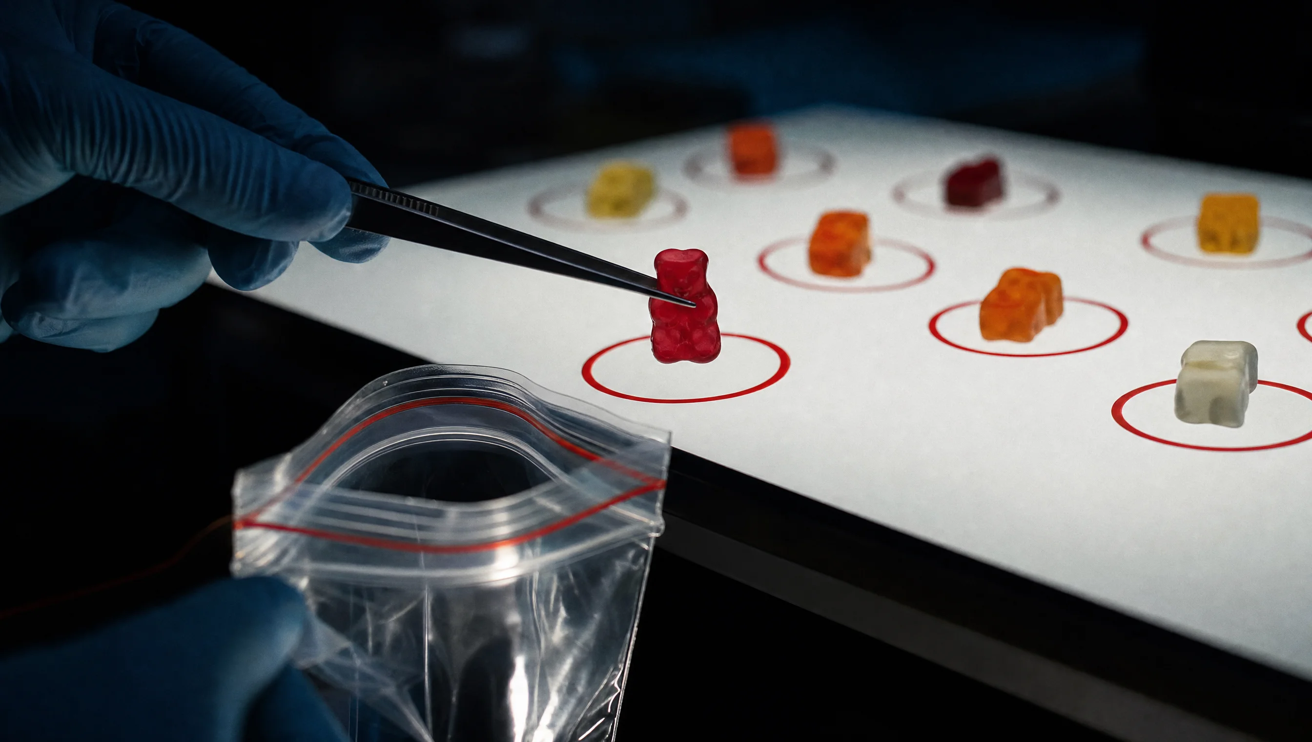 Scientist in a lab doing HPLC testing on gummy supplements.